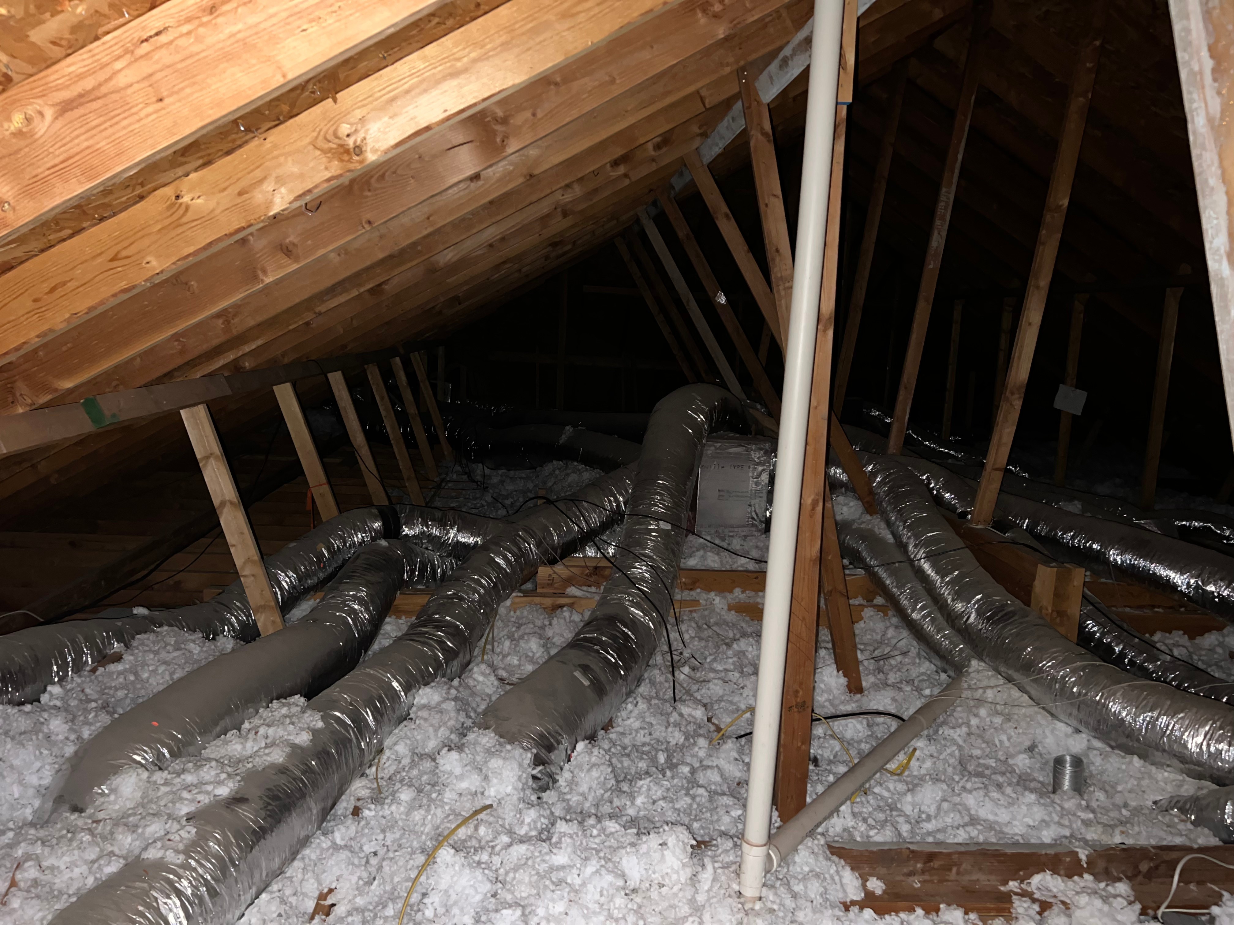Residential attic flex ductwork installation with blown-in insulation — Wild H AC LLC, Dublin TX